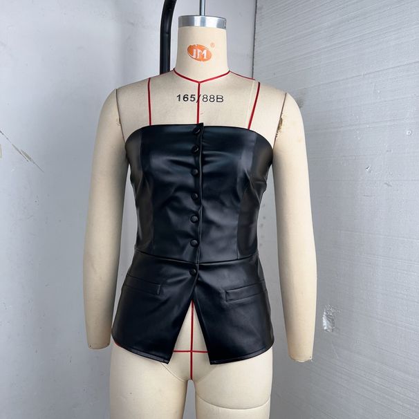 Women's Clothing Strapless Leather Top French Design Single-Breasted Sexy American Style For Tank Tops & Camis_ecoleips.com