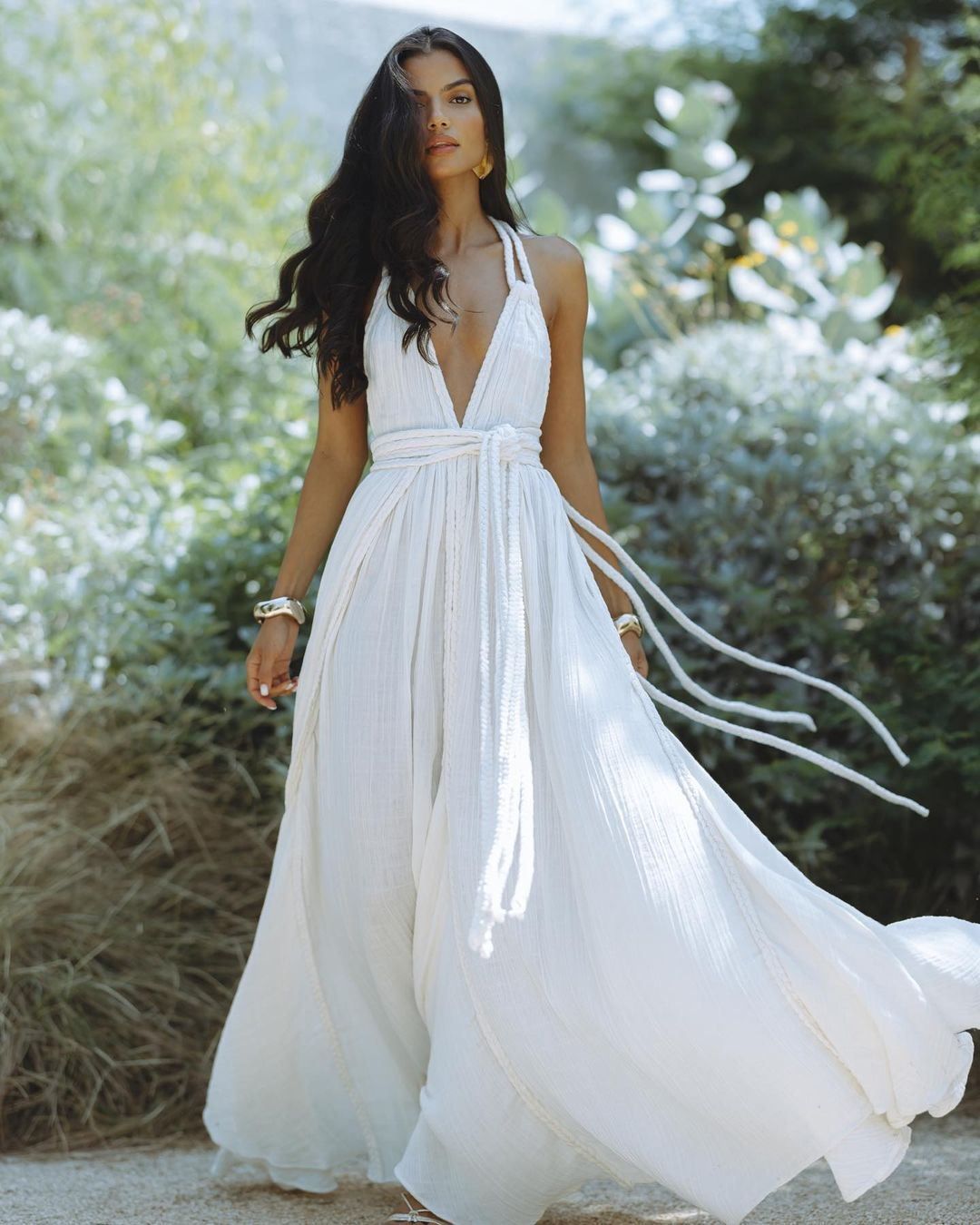 Sexy Backless Tie-Wrap Maxi Dress – Women's Flowy V-Neck Boho Beach Cover-Up (White/Tangerine, One Size Fits Most)_ecoleips.com