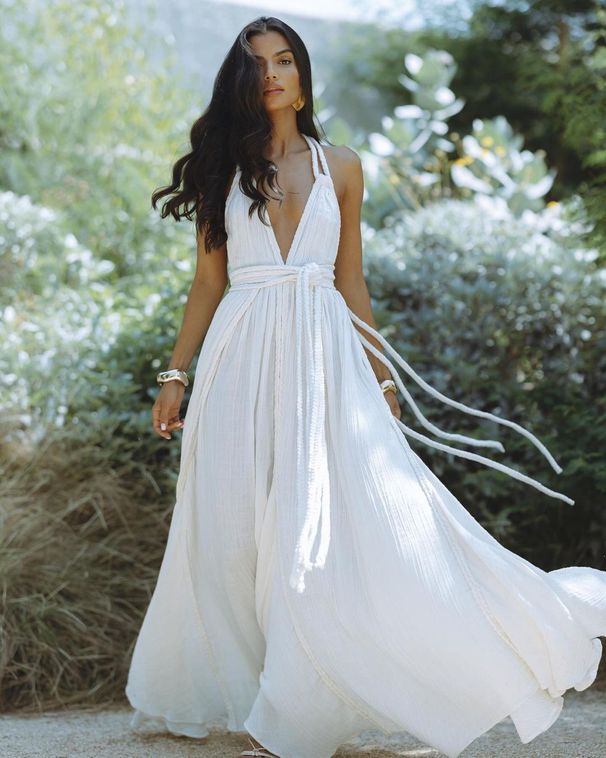 Sexy Backless Tie-Wrap Maxi Dress – Women's Flowy V-Neck Boho Beach Cover-Up (White/Tangerine, One Size Fits Most)_ecoleips.com