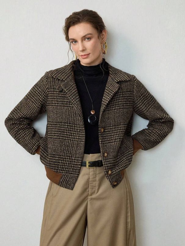 Women's Plaid Jacket Autumn Trendy Retro Loose Casual Coat Polyester Leather Elegant Fashion Daily Wear_ecoleips.com