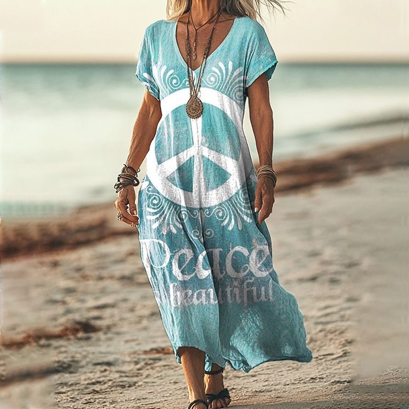Women's Clothing Fashion Print Loose Beach Holiday Style Dress_ecoleips.com