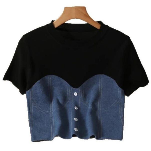 Short Sleeved Round Neck Stitching Knitted T Shirt Female Design Niche Puff Sleeve Short Top Two Piece Set_ecoleips.com