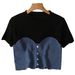 Short Sleeved Round Neck Stitching Knitted T Shirt Female Design Niche Puff Sleeve Short Top Two Piece Set_ecoleips.com