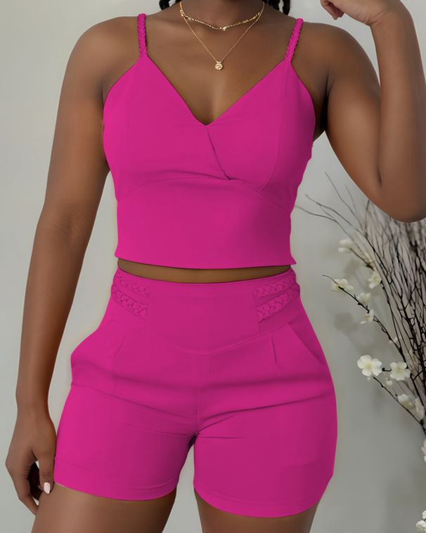 Women's Clothing Autumn And Winter Party New Casual Solid Color Twisted Suspender Top + Shorts Set_ecoleips.com