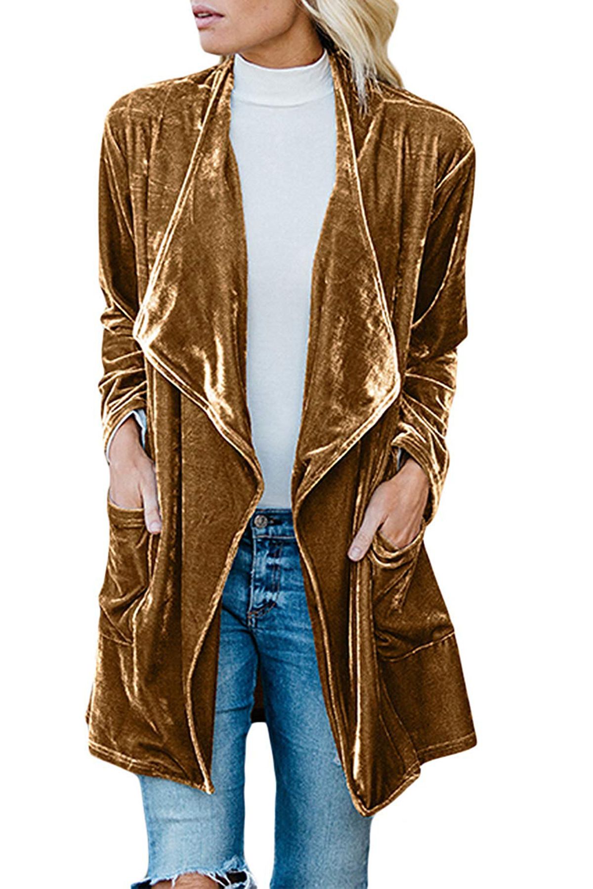 Women's Clothing Coats Casual Gold Velvet Long Windbreaker Women_ecoleips.com
