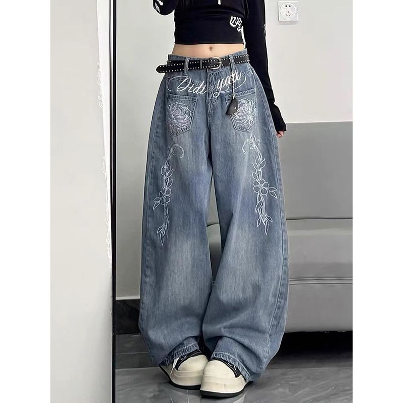 Women's Sweet Cool Embroidered Curved Blade Jeans Loose Fit Slimming Wide Leg Floor Length Trousers Autumn Design_ecoleips.com