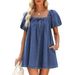 Women's Square Neck Puff Sleeve Tie Waist Flowy Mini Dress Denim_ecoleips.com