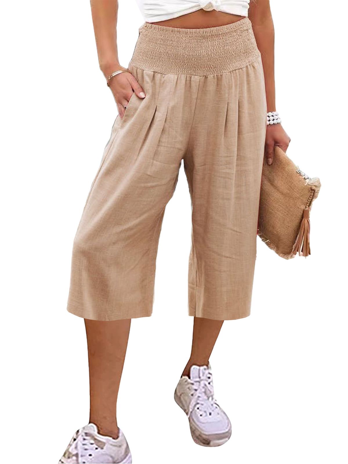 Summer Women's Capri Pants Thin Wide Leg Cotton Linen Blend with Pockets European American Fashion Style_ecoleips.com