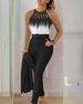 Women's Clothing autumn and summer temperament commuting print cross strap gradient top + solid color slim pants two piece set_ecoleips.com