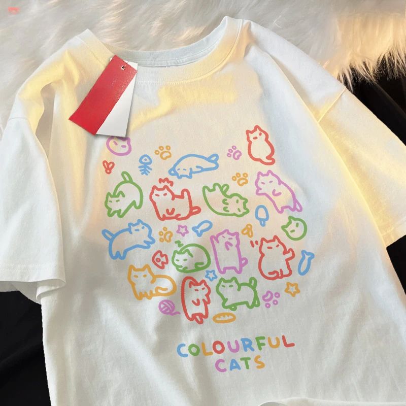 Colorful Cat Baby Pure Trendy Summer Loose Short Sleeved T-shirt Men Women Original Colorful Cat Pose Cute Tees Couple Women_ecoleips.com