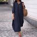 Women's Clothing Solid Color Round Neck Cotton And Linen Long Sleeves Casual Double Side Pocket Button Long Dress_ecoleips.com