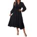 Sweet And Elegant Style V-Neck Waist-Cinching Lace Long-Sleeve Solid Color Dress For Women_ecoleips.com