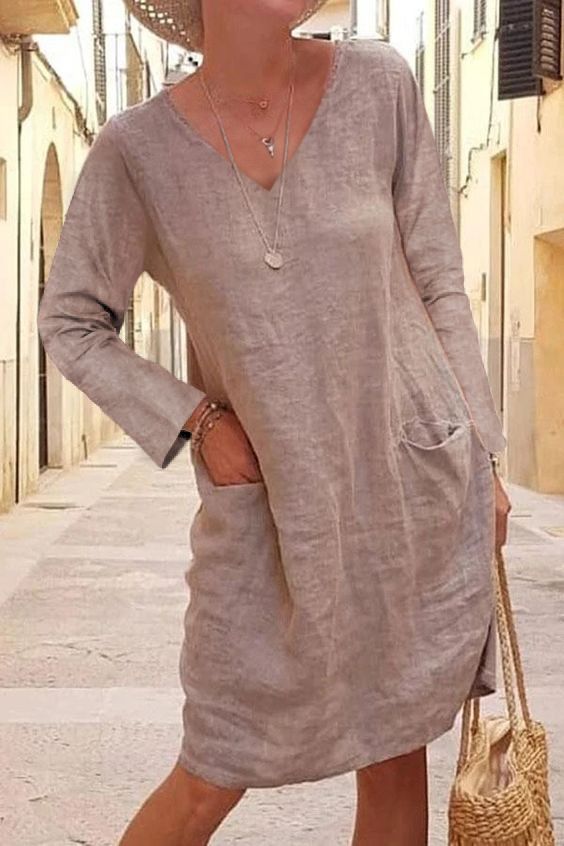 Women's Casual Long Sleeved V Neck Dress Loose Fit Solid Color Cotton Linen Pocket Detail Autumn Winter Clothing_ecoleips.com