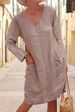 Women's Casual Long Sleeved V Neck Dress Loose Fit Solid Color Cotton Linen Pocket Detail Autumn Winter Clothing_ecoleips.com