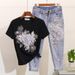 Women's Clothing Denim Suit Summer Beaded Embroidered Three Dimensional Flower Short Sleeved T Shirt Ripped Nine Point Jeans_ecoleips.com