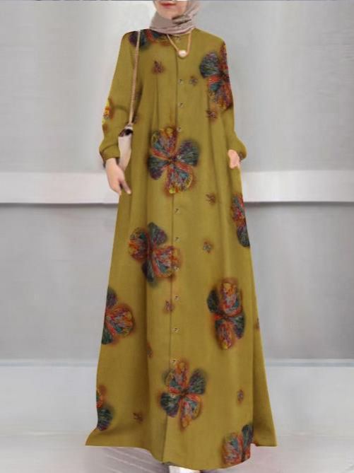 2024 Cross-border Yellow Long-sleeved Printed Loose-fitting Middle Eastern Women's Arabic Dress_ecoleips.com