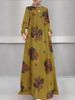 2024 Cross-border Yellow Long-sleeved Printed Loose-fitting Middle Eastern Women's Arabic Dress_ecoleips.com