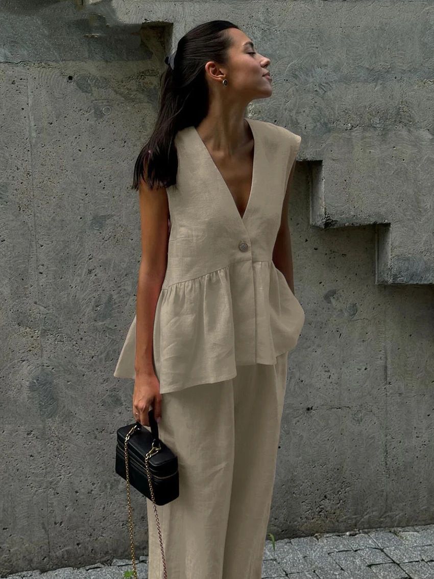 Women's Cotton V-Neck Sleeveless Vest And Pants Set Solid Color Elegant Office Wear Two-Piece Outfit_ecoleips.com