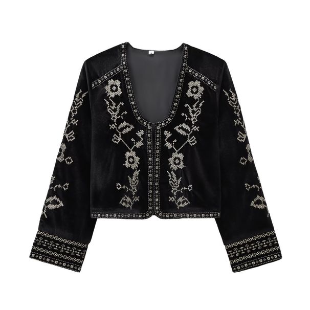 Women's Clothing Long Sleeved Velvet Bomber Jacket Elegant American Style Embroidered Spring Office Daily Clothing_ecoleips.com