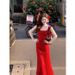 Vintage Style Red Spaghetti Strap For Women Summer V-neck Printed Slim Fit Waist Bodycon Mermaid Long Dress_ecoleips.com