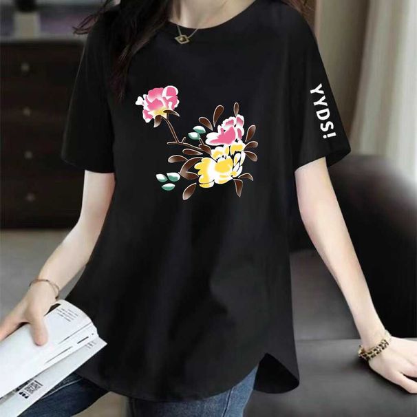 Women's Clothing T Shirt For Women Medium And Long Print Slim Fit Large Size Loose Slit T Shirt Top_ecoleips.com