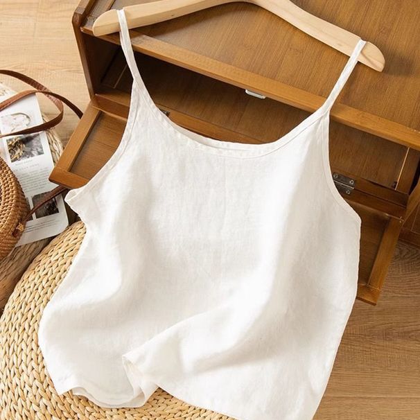 Summr Nw Styl Artistic Cotton-linn Camisol Womn's Loos-fitting Solid Color Simpl Slvlss Bas Top In Plus_ecoleips.com