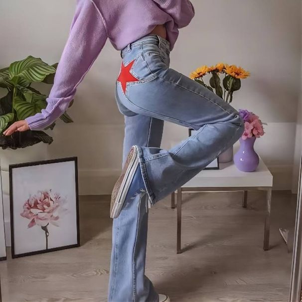 Women's Clothing New Retro Mid Waist Back Five Point Contrast Trousers Casual Denim Bootcut Pants_ecoleips.com
