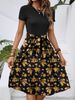 Cross-border European And American Fashion Trendy Round-neck Short-sleeve Color-blocked Waist-cinching Floral Print Midi_ecoleips.com