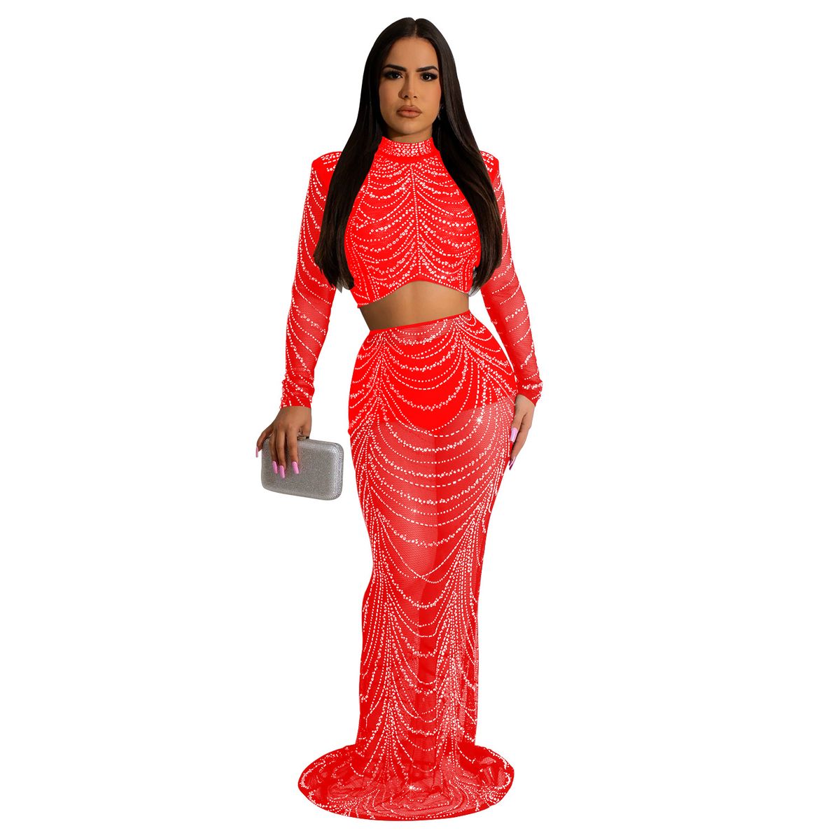 Elegant Mesh & Rhinestone Long Sleeve Dress Two-Piece Set For Women – Pure Color Lace Evening Gown (Black/Red, S-Xxl)_ecoleips.com