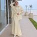 Elegant Long Sleeve Flowy Maxi Dress Set – Soft & Comfortable Loose Fit A-Line Dress With Turn-Down Collar, Breathable Poly-Cotton Blend, Casual_ecoleips.com