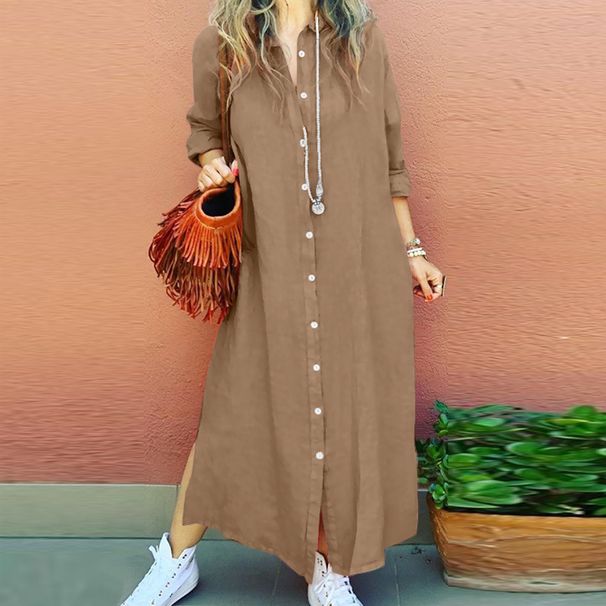 Muslim Dress Women Elegant Linen-Blend Long Sleeve Shirt Dress With Turn-Down Collar – Relaxed Fit For Casual & Office Wear_ecoleips.com