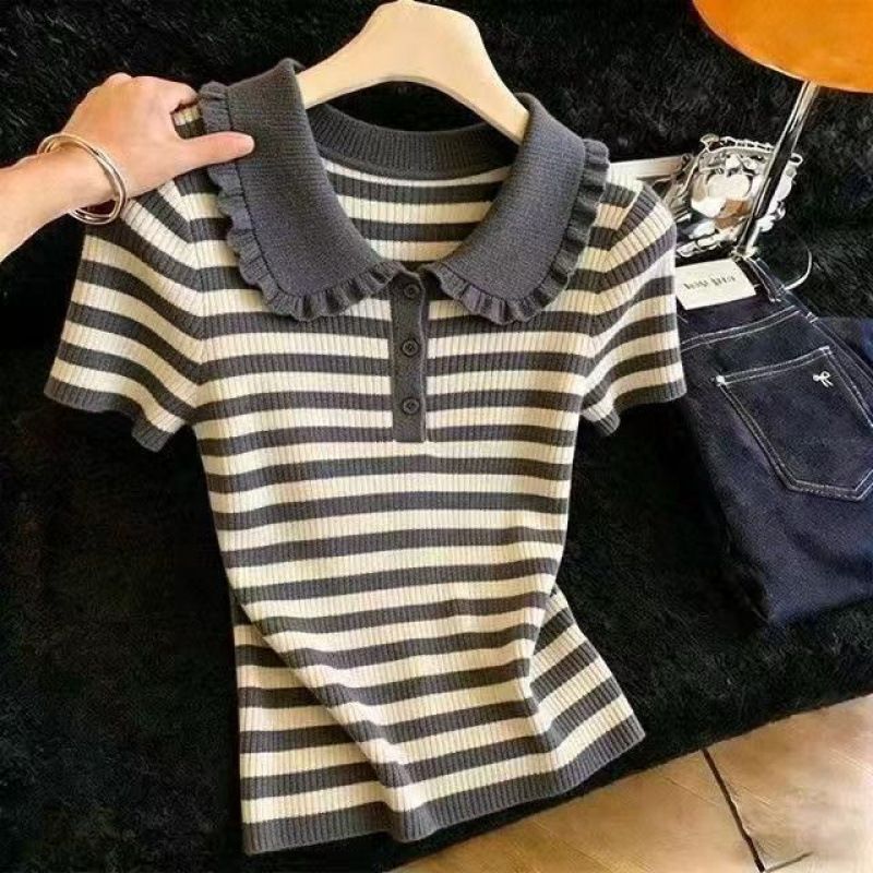 Women's Clothing Summer Casual Short Sleeve T-Shirt Ruffled Peter Pan Collar Striped Knitwear_ecoleips.com