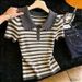 Women's Clothing Summer Casual Short Sleeve T-Shirt Ruffled Peter Pan Collar Striped Knitwear_ecoleips.com