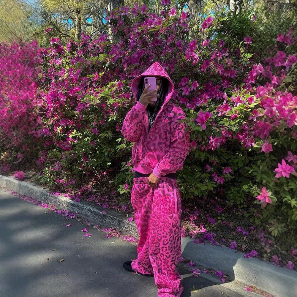 European American Y2K Leopard Print Hooded Sweatshirt Jacket Long Sleeved Casual Trendy Sports Sweatpants Personalized_ecoleips.com