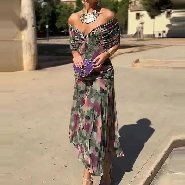 Floral Print High Waist Pleat Party Dress Elegant Women Bat Sleeve Swing Party Dress Female Chest Low Cocktail A-Line Dress HPSW_ecoleips.com