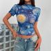 European And American Cross-border 2026 Summer New Elegant Women's Blue Printed Short-sleeve Half-high Collar Starry Sky_ecoleips.com
