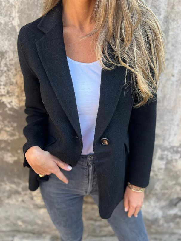 Women's Autumn Winter Wool Blend Buttoned Blazer Jacket - Slim Fit Office Casual Coat With Notch Lapel & Real Pockets_ecoleips.com