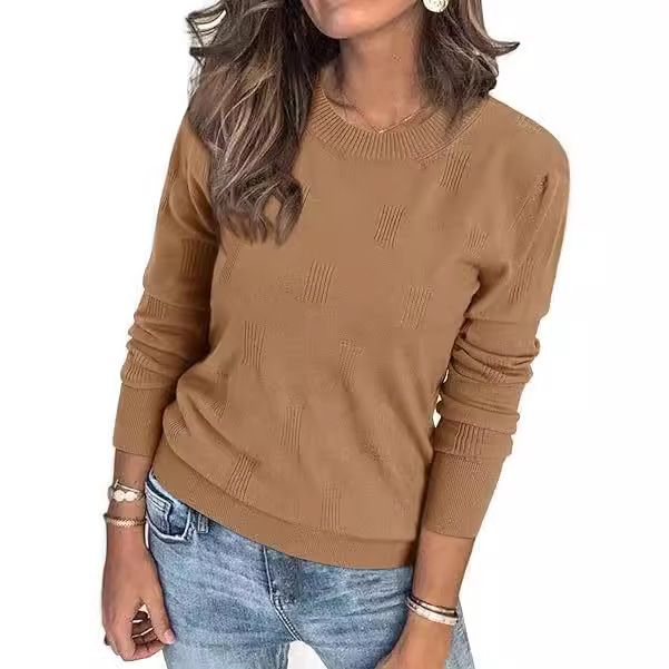 Women's Clothing 3D Textured Knit Sweater - Women's Round Neck Pullover (Spandex Blend, Casual & Office Wear)_ecoleips.com