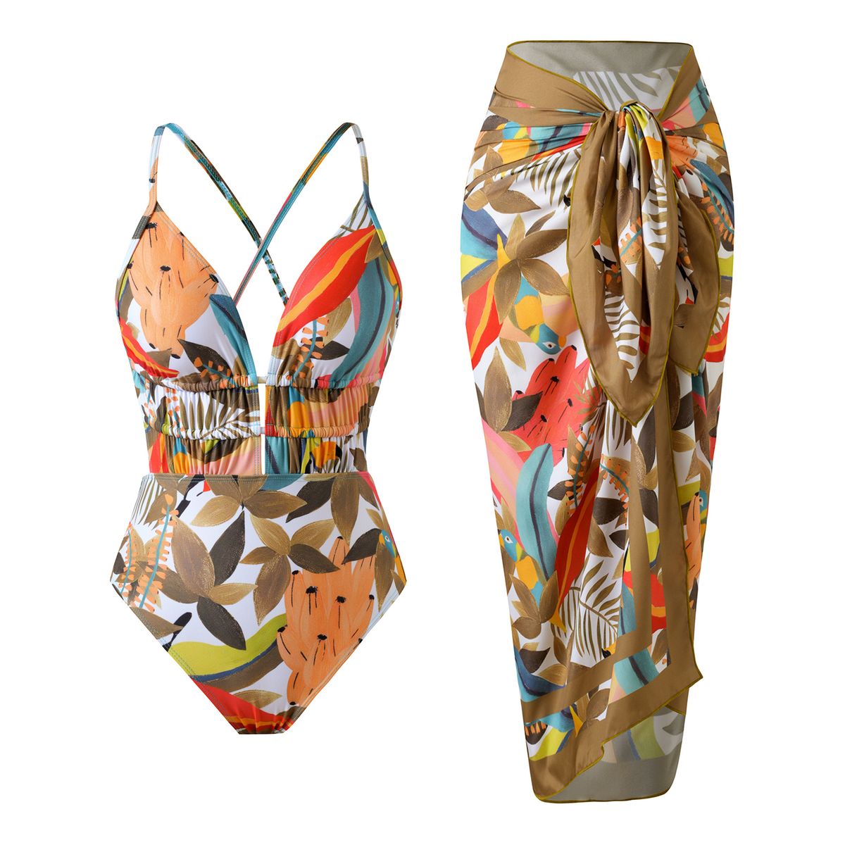Elegant One-Piece Swimsuit With High-Slit Beach Cover-Up – Floral Print, Adjustable Straps, Quick-Dry Fabric For Women_ecoleips.com