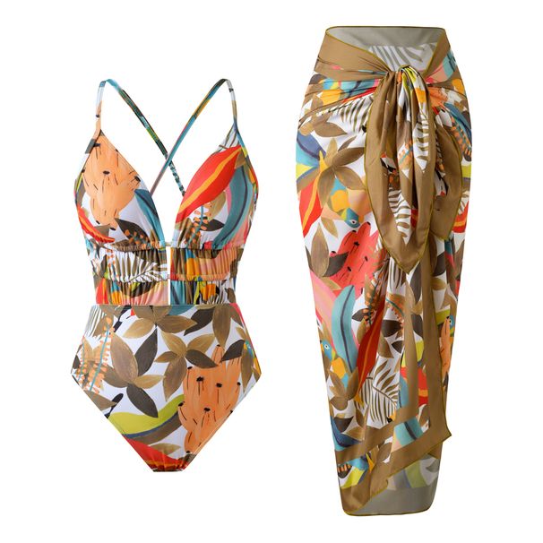 Elegant One-Piece Swimsuit With High-Slit Beach Cover-Up – Floral Print, Adjustable Straps, Quick-Dry Fabric For Women_ecoleips.com