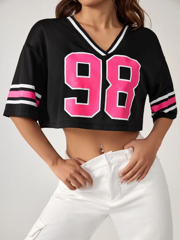 Sexy V Neck Top for Women Loose Fitting Short Sleeved Number 98 Print Color Blocking American Style Trendy Clothing_ecoleips.com