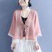Summer Cotton And Linen Rhombus-Shaped Flower-Patterned Ribbon Button-Down Fake Two Three-Quarter Sleeve Cardigan Embroi_ecoleips.com