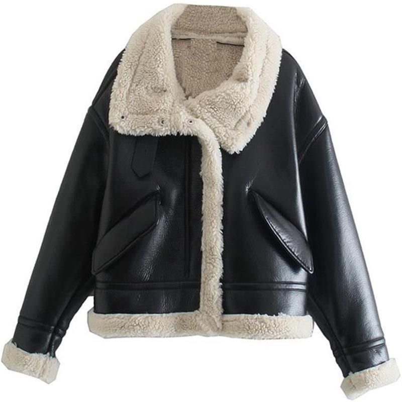 Women's Fleece-Lined Faux Leather Jacket - Winter Warm Short Coat With Lapel Collar, Casual Outerwear For Fall And Winter_ecoleips.com