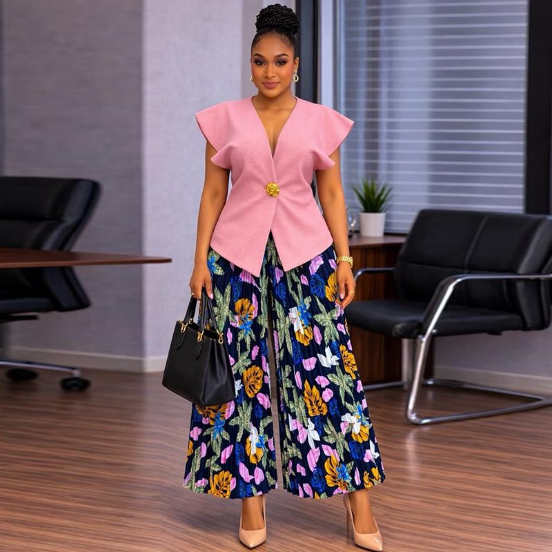 Women's Summer Elegant Solid Color Pleated Irregular Vest Top And Wide Leg Pants Set American Style_ecoleips.com