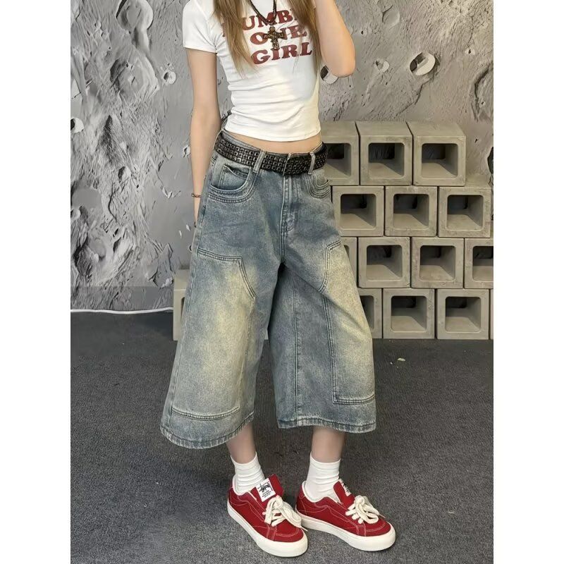Vintage Washed Denim Capri Pants – High Street Wide-Leg Cropped Jeans For Women (Blue, S-4XL, Relaxed Fit, Stretch Comfort, Summer)_ecoleips.com