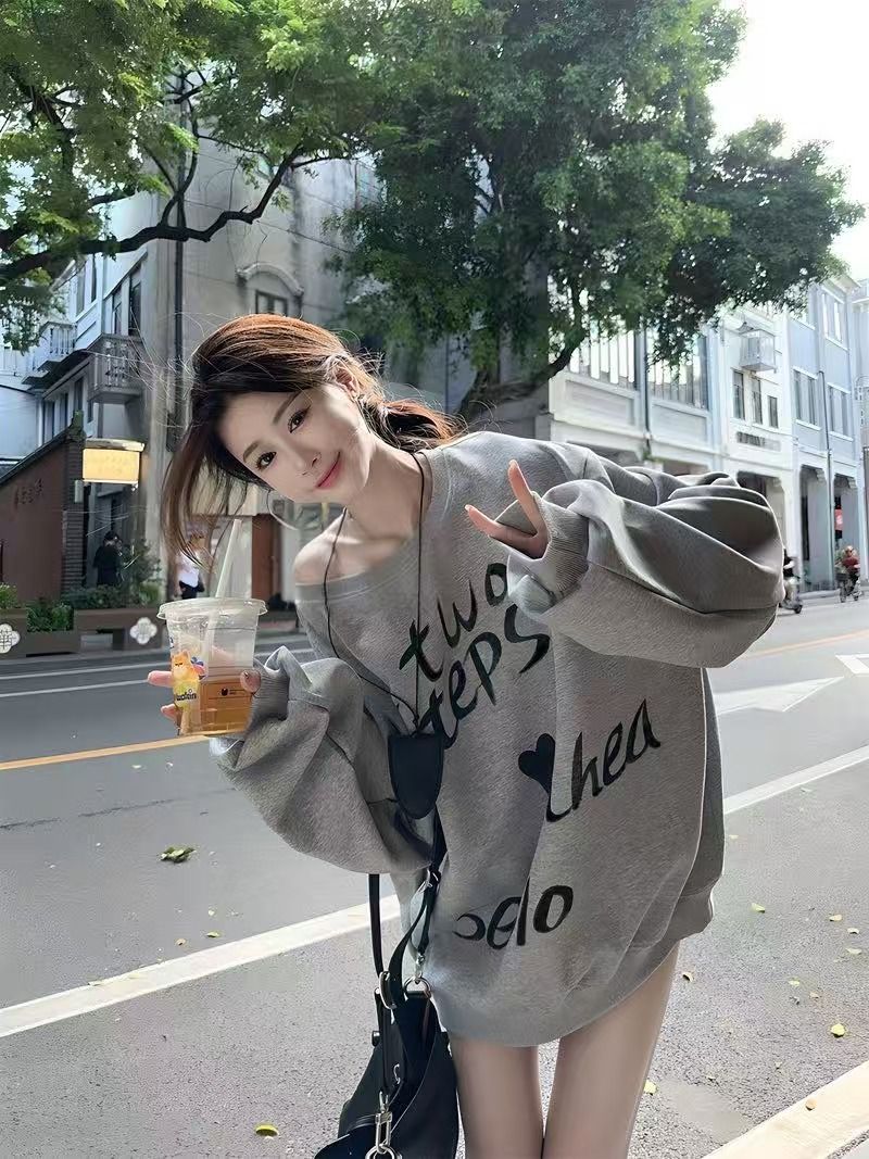 New Autumn And Winter Trendy Brand Letter Print Fashion Versatile Fleece-lined Long-sleeve Warm High-end Design Loose_ecoleips.com