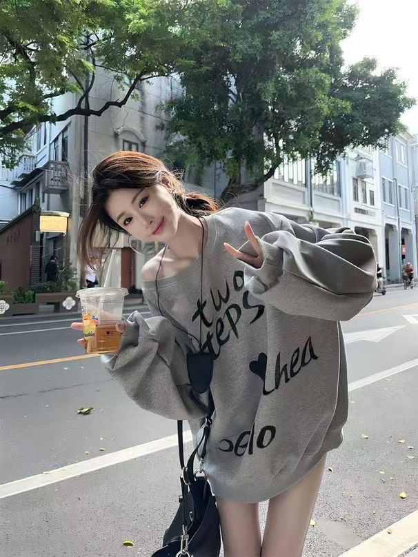 New Autumn And Winter Trendy Brand Letter Print Fashion Versatile Fleece-lined Long-sleeve Warm High-end Design Loose_ecoleips.com