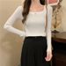 girl Square Slim Fit Long Sleeve Base Shirt 2025 Autumn New Korean Style Low Neck Inner Sweater Women Knitted Student Top_ecoleips.com
