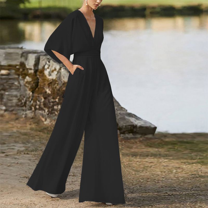 Women's Dress Jumpsuit Hot Sale Deep V High Waist Wide Leg Pants_ecoleips.com