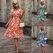 Women's Spring/Summer Short Sleeve V Neck Dress Leaf Print Full Skirt Waist Cinching Fairy Dress_ecoleips.com